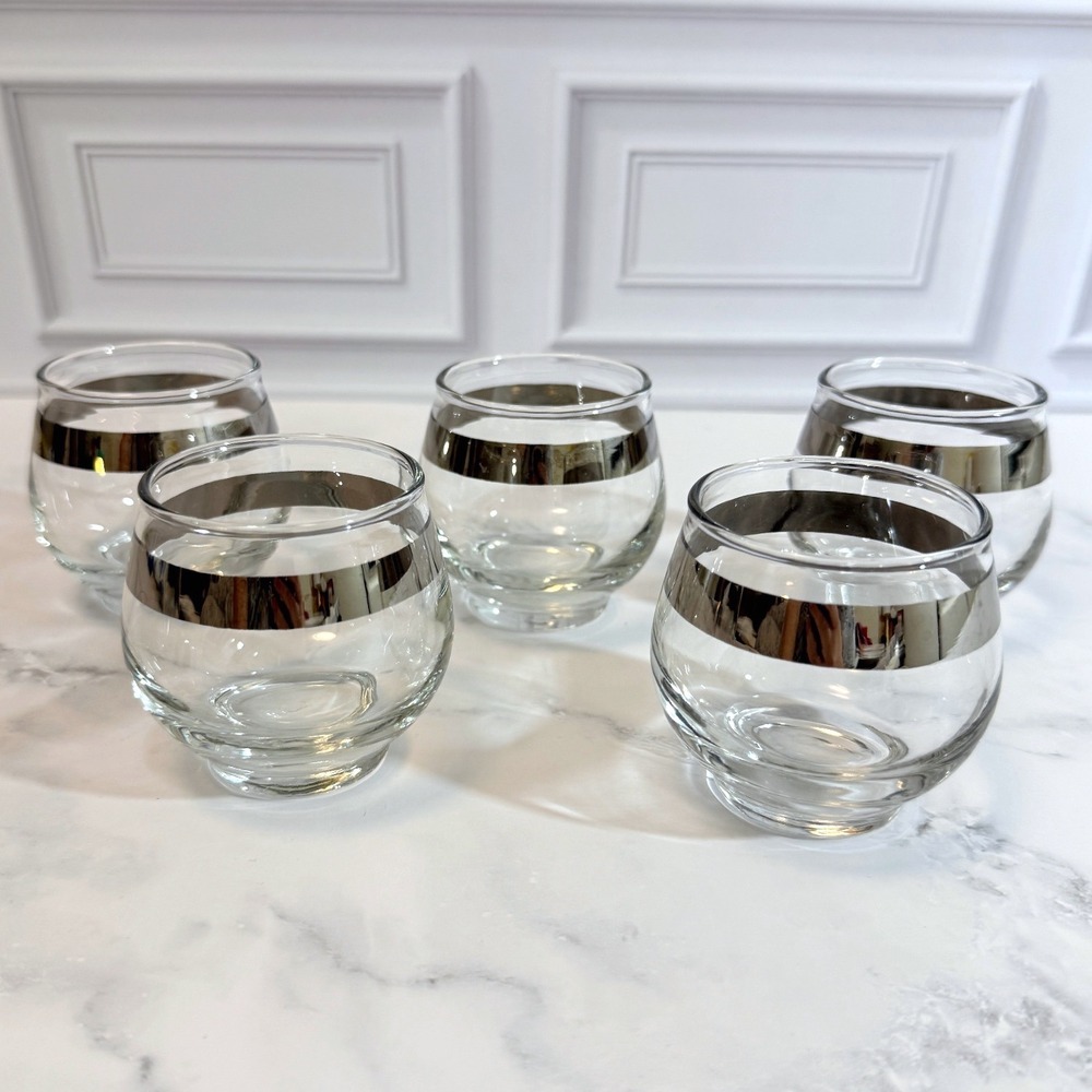 VTG Set of 5 Libbey Silver Overlay Stripe Roly Poly 4‎ oz Cocktail Glasses